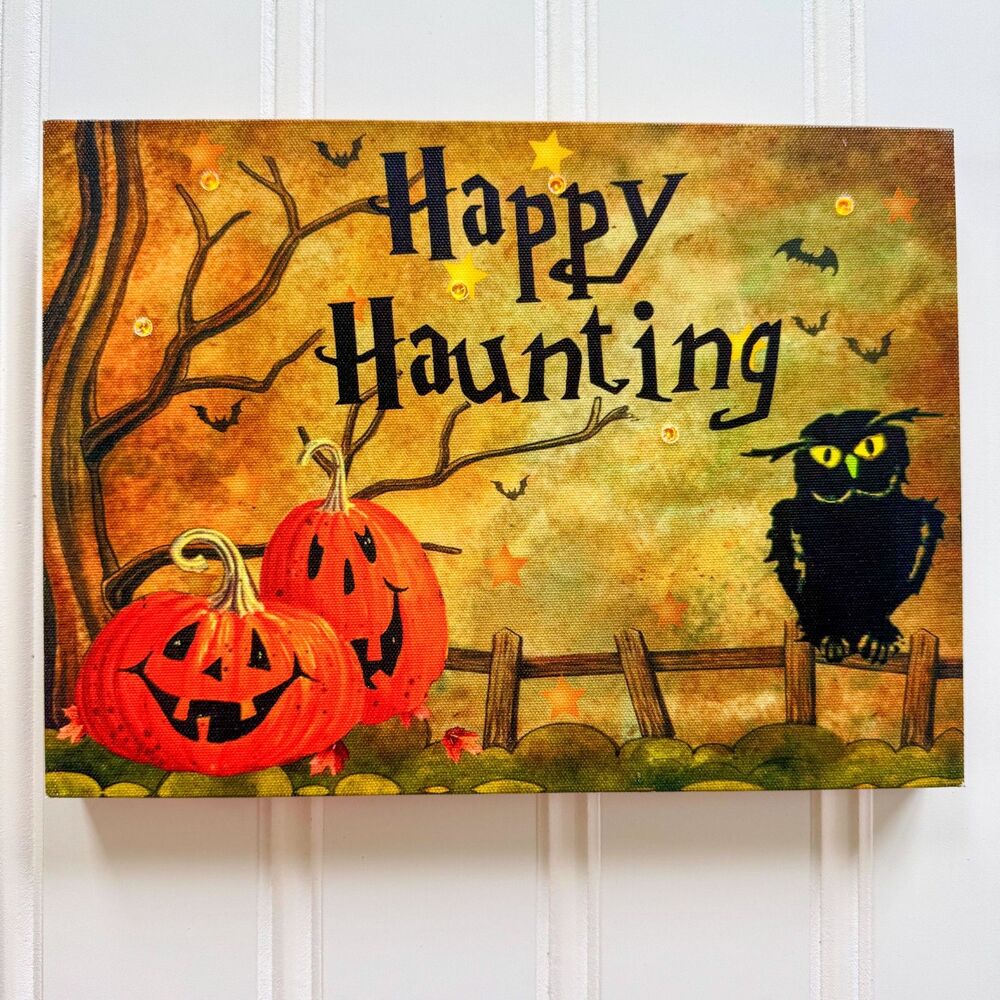Light Up “Happy Haunting” Halloween Canvas Sign JackOLanterns Owl Bat Wall Decor